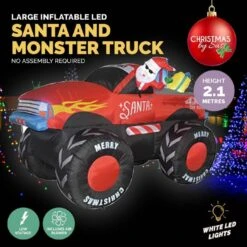 Christmas Inflatables - 2.10m Santa & Monster Truck, With White Lights
