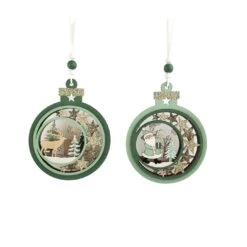 Christmas Ornament - 13cm Wooden Bauble Sage, Assorted