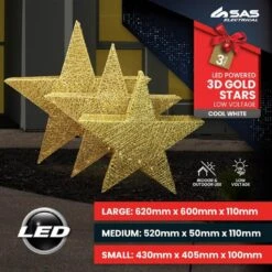 Christmas Decoration - 3D LED Star Lights Gold, With Cool White Lights