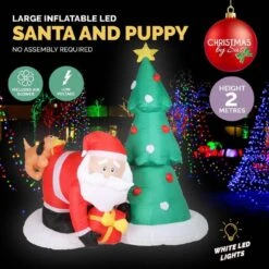 Christmas Inflatables - 2m Santa & Puppy, With White Lights