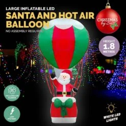 Christmas Inflatables - 1.8m Santa & Hot Air Balloon, With Lights
