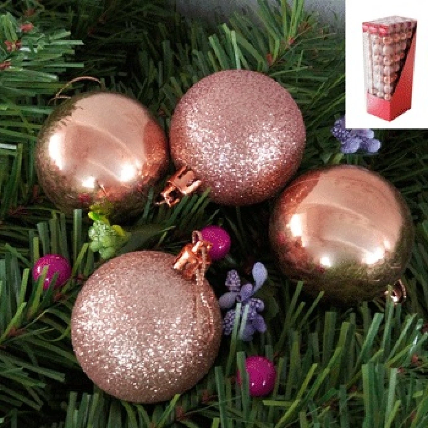 Christmas Baubles - Glitter, Rose Gold 10 Pk 1 Christmas Baubles - Glitter, Rose Gold 10 Pk