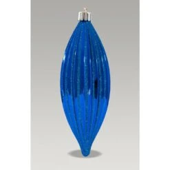 Christmas Bauble - 16cm Finial Blue Stripes, Glitter