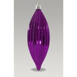 Christmas Bauble - 16cm Finial Purple Stripes, Glitter