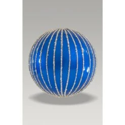 Christmas Bauble - 8cm Blue Stripes, Silver Glitter