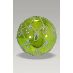 Christmas Bauble - 8cm Green Drip Pattern, Silver Glitter