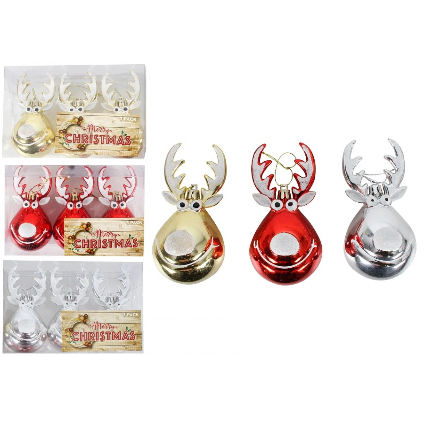 Christmas Baubles - Reindeer 3 Pk Assorted 1 Christmas Baubles - Reindeer 3 Pk Assorted
